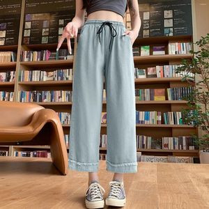 Jeans para mujeres pantalón de pierna recta con dobladillo con cinturón de cintura alta corbata de pantalones de tubo vertical de tubo vertical flojos delgados