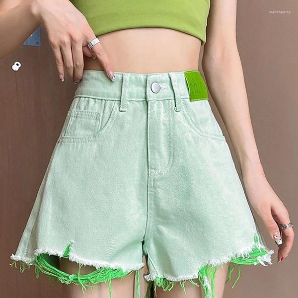 Jeans féminins à jambe droite pantalon trois quarts verts vert déchiré en jean été mince haute taille lâche large