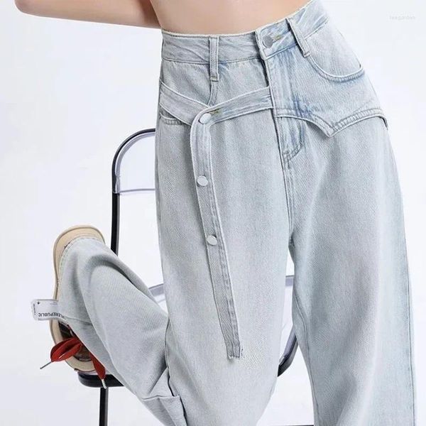 Jeans pour femmes Pantalons à jambe droite avec poches Pantalons pour femmes Taille haute S Femmes Bleu clair Gros été Adolescents Original A