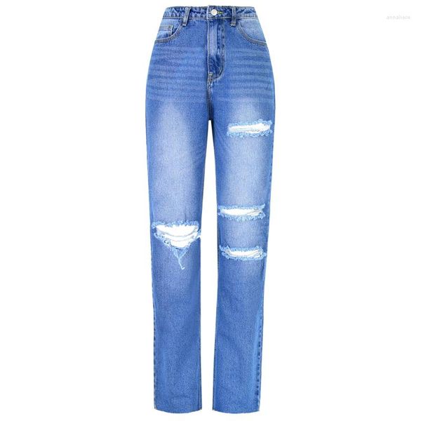 Jeans pour femmes droite maman taille haute femme Denim pantalon découpé trou conception fente déchiré pantalon lâche femmes vêtements petit ami rue