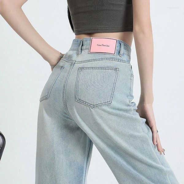 Pantalon droit des jeans pour femmes conception de célébrités en ligne de marque rose marque haute taille lâche pantalon de vadrouille à jambe large décontractée.