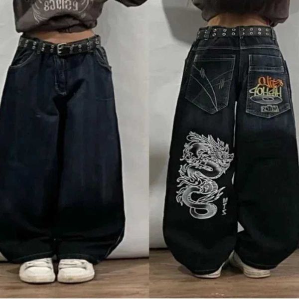Jeans pour femmes Street motif dragon imprimé jean ample adapté aux femmes Y2K poches taille haute droite pantalon large décontracté et décontracté J240217
