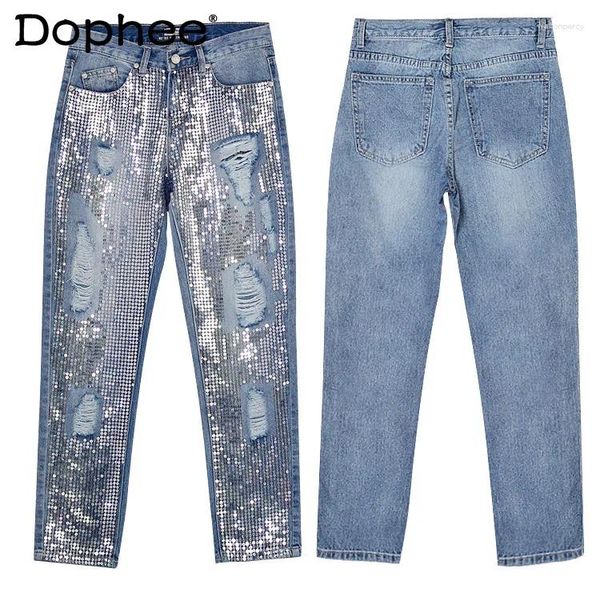 Pantalon recadré en jeans de Jeans pour femmes lâches en vrac en ligne droite 2024 Spring Summer Embedded faire du vieux bleu déchiré pour les femmes
