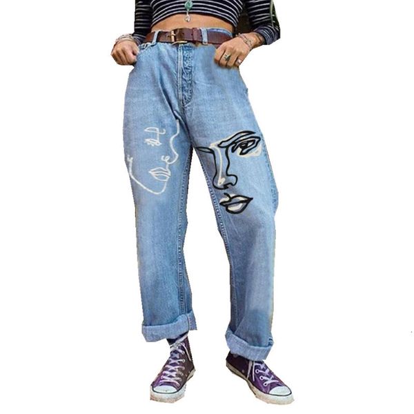 Jeans pour femmes Streetwear abstrait visage imprimé Jean femmes automne Vintage lâche pantalon en Denim droit femme pantalon de sol s1442 230823