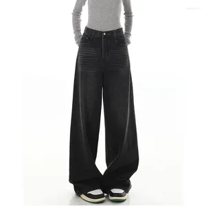 Damesjeans streetwear zwarte vintage hoge taille los rechte broek Koreaanse mode wide been baggy denim broek vrouw