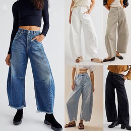 Damesjeans Streetwear Casual rechte broek Solid Color Wide Been Auiumn Winter Mode Knopen Zakken Gesneden broek voor vrouwen