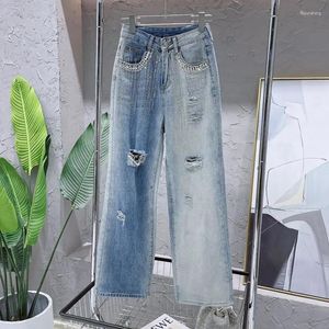 Jeans femme Streetwear couleur assortie déchiré pantalon large femmes 2023 printemps été taille haute ample minceur BF diamant pantalon