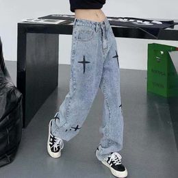 Calça Jeans Feminina Streetwear Cross Bordado Jeans Mulher Cintura Alta Y2K Calças Baggy Retas Moda Coreana Jeans Feminino Calças Tendência 230214