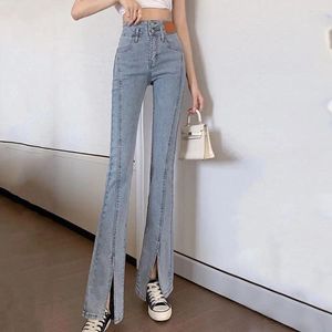 Jeans pour femmes Streetwear élastique Denim Flare pantalon femme taille haute Vintage bleu fendu coréen Chic noir cloche bas femme