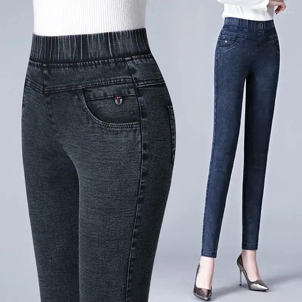 Jeans para mujer Streetwear Moda Mujeres Flaco Primavera Otoño Banda Elástica Cintura Alta Lápiz Pantalones Denim Transpirable Negro Pantalones Casuales