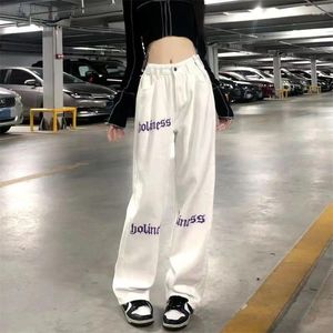 Jeans pour femmes Streetwear Mode Femmes Blanc Printemps Automne Harajuku Pantalon Lettre Imprimer Taille Haute Hip Hop Casual Lâche Pantalon Large