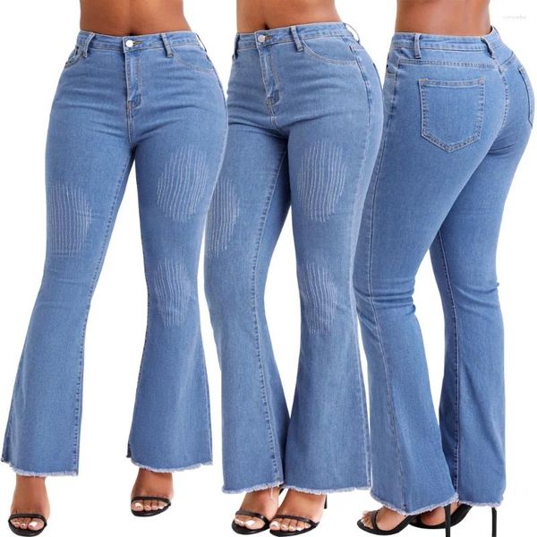 Jean femme Streetwear évasé mode saisir imprimé Baggy jambe large pantalon en jean pantalon dame décontracté coupe de botte