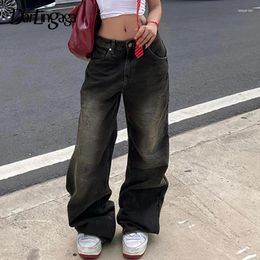 Jeans femininos streetwear grunge baggy mulheres vintage angustiado perna reta y2k denim calças 90s roupas estéticas lavadas chique