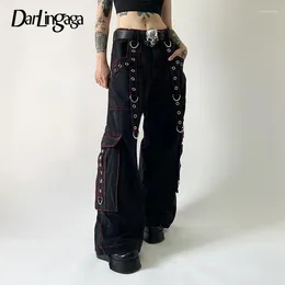 Jeans pour femmes streetwear grunge goth cargo femmes pantalon de ruban punk pantalon bouffant cousu y2k poches académiques pantalon en jean