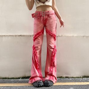 Vrouwen Jeans Streetwear Hip Hop Tassel Spliced Denim Katoen Flare Broek Y2k Metalen Gesp Slouchy Laagbouw Voor Vrouwen meisjes