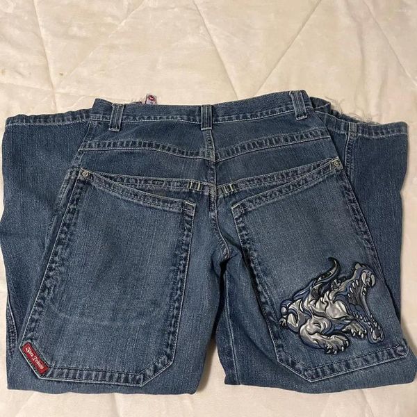 Jeans para mujer Streetwear JNCO Hip Hop Gráficos de cocodrilo bordados Retro Azul Pantalones Hombres Mujeres Gótico Cintura alta Pantalón de pierna ancha