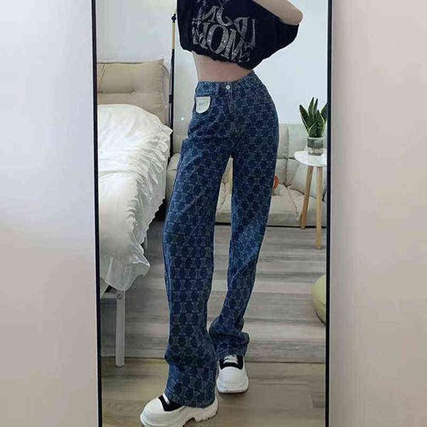 Jeans de mujer Streetwear Moda coreana Jeans Mujer Cintura alta Y2k Pantalones rectos holgados Hot Girl Impresión Pierna Pantalones anchos Pantalones de mezclilla casuales T220825