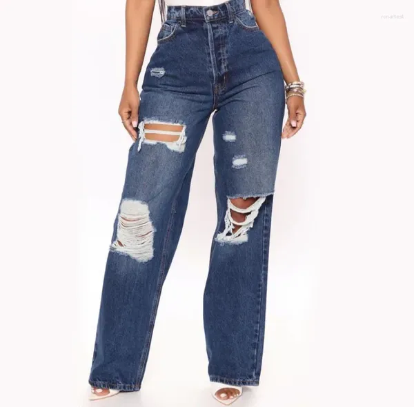 Jeans para mujer Streetwear Señoras rasgadas de cintura alta para las mujeres de moda Pierna recta ancha Y2K Pantalones