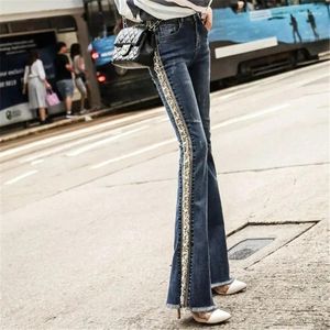 Jeans pour femmes Streetwear Plus Taille Frangée Perle Brodée Flare Femmes Boot Cut Pantalon Casual Stretch Skinny Bell Bottom Denim Pantalon