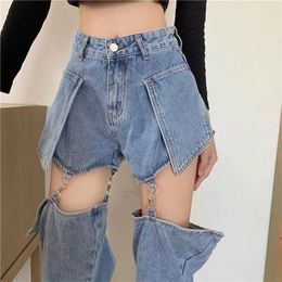 Dames Jeans Streetwear Verwijderbare Dames Splicing Denim Shorts Hoge Taille Losse Wijde Pijpen Broek Dames Y2K Street Hollow Out
