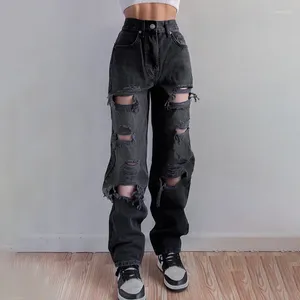 Jeans Femme Streetwear Pantalon Droit Dames Déchiré Taille Moyenne Lâche Jambe Large Y2K High Street Cargo Noir