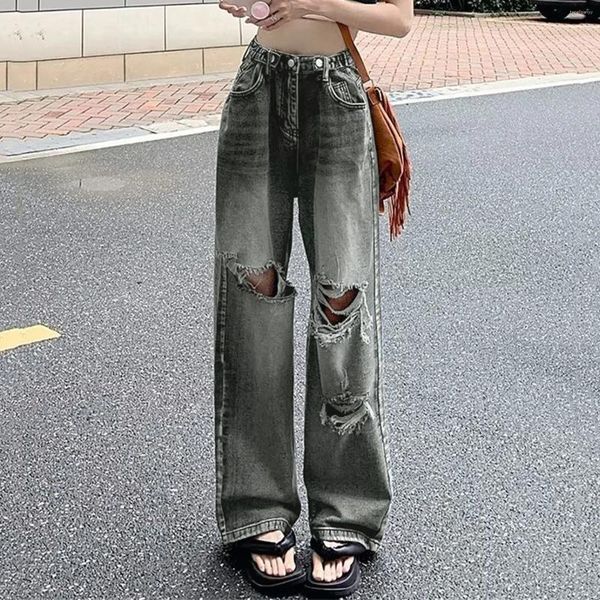 Jeans pour femmes Streetwear Vintage Ripped Femmes Baggy 2024 Taille haute Denim Pantalon à jambe large Femme Y2K E-Girl Style Pantalon décontracté en vrac