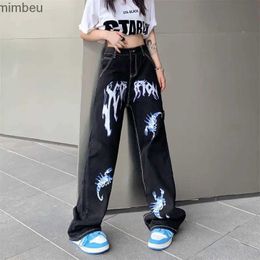 Jeans Femme Streetwear Vintage femmes noir jean printemps automne taille haute pantalon Y2K impression Harajuku jambe large droite ample pantalon décontracté C24318