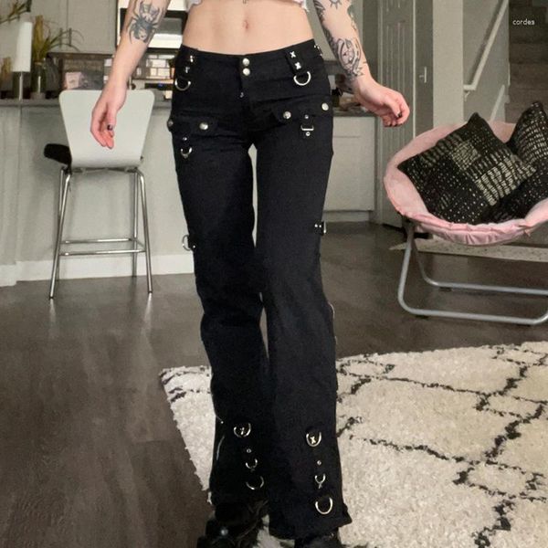 Jeans femme Streetwear Vintage Y2K vêtements taille basse fermeture éclair noir gothique foncé mode femmes Punk Danim pantalon Emo Harajuku E filles