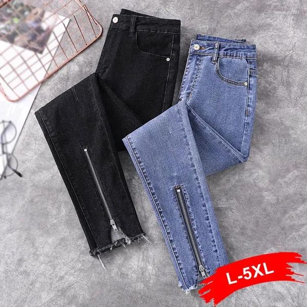 Jeans pour femmes Streetwear Zipper Patchwork Fringe Trim Tall Girl Skinny Taille Haute Extensible En Détresse Extra Long Crayon Bleu Denim Pantalon