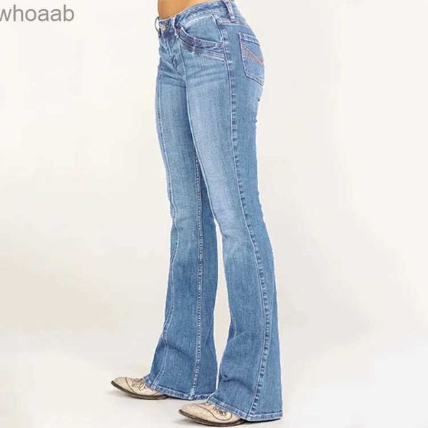 Pantalones vaqueros elásticos informales acampanados para mujer, pantalones vaqueros de cintura alta con realce de glúteos, ropa de calle para mujer, vaqueros acampanados con borde crudo YQ240104 2023