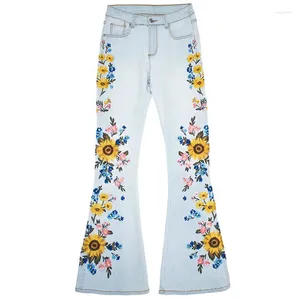 Jeans pour femmes Stretch évasé broderie fleur design femmes pantalons à jambes larges bottes coupe denim pantalon vintage piste cloche bas harajuku