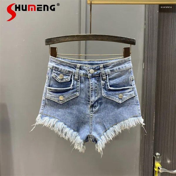 Jeans pour femmes stretch high taim short denim féminin été tassel sexy hanche soulevant un pantalon de ligne à la mode courte