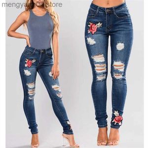 Damesjeans stretch jeans voor vrouwen elastische bloemen jeans dames potlood denim broek gat gescheurd pantalon rose geborduurde patroon jeans t230530