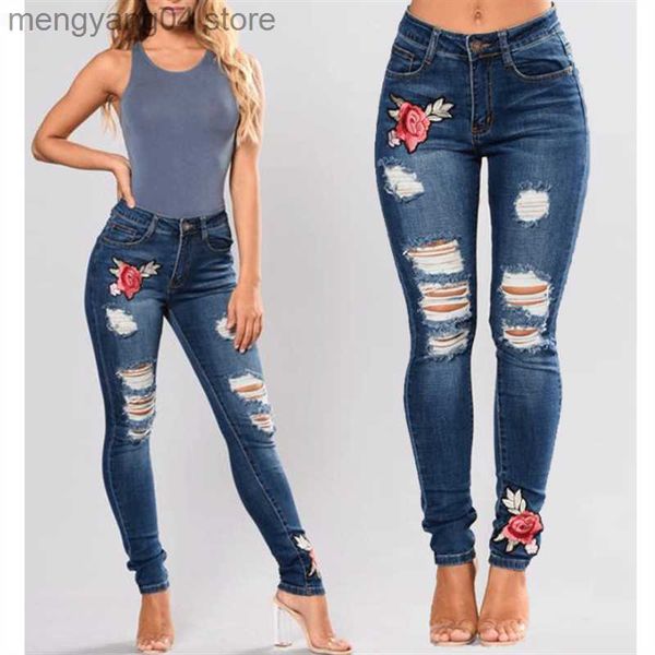 Jeans pour femmes Jeans stretch pour femmes Jeans à fleurs élastiques Dames Crayon Denim Pantalon Trou Ripped Pantalon Rose Brodé Motif Jeans T230530