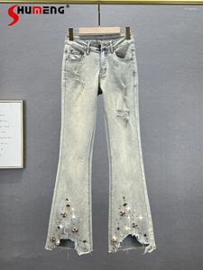 Les jeans pour femmes étirent le bootcut allongé 2024 Automne Streetwear High Taist Slim Diamond-Embedded Légèrement évasé Femme