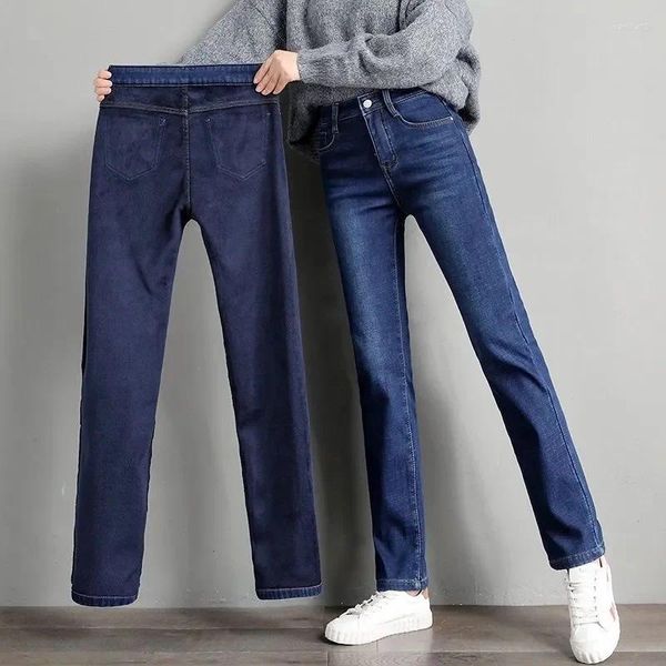 Jeans para mujer Pantalones de mezclilla gruesos de felpa elásticos 36 Mujeres Otoño Invierno 2023 Pantalones de pierna recta cálidos de cintura alta Negro Mujer Casual