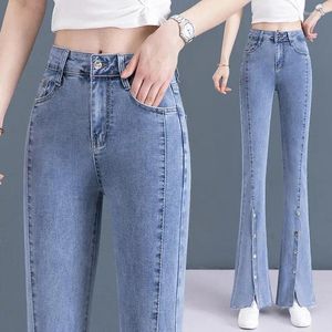 Damesjeans strekken vrouwen Flare Streetwear Vintage Button Split High Taille Denim broek Oversized rechte broek Koreaanse pantalones