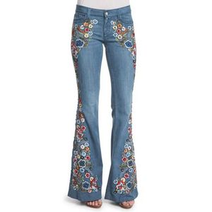 Damesjeans strtwear jeans lange broek denim borduurwerk destoryed flare jeans knop taille bel bel bodem denim broek 90s vintage kleding t240523