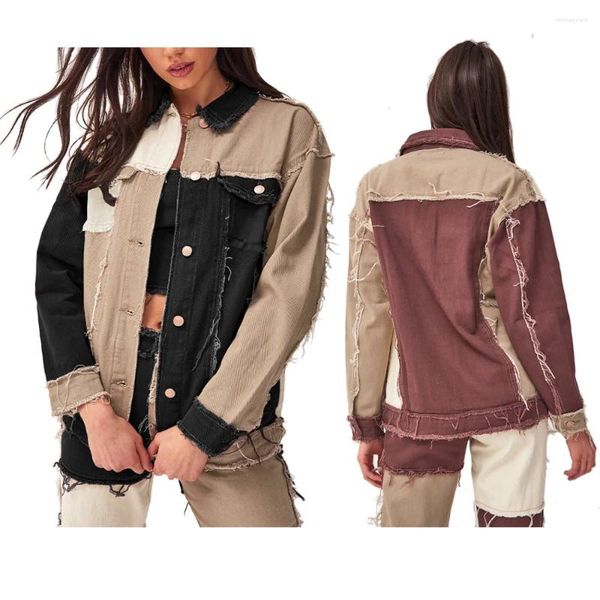 Jeans para mujer Estilo Calidad Mujer Mujer Moda Característica Costura multicolor Abrigo Empalme Mendigo Patchwork Chaqueta de mezclilla de alta elasticidad