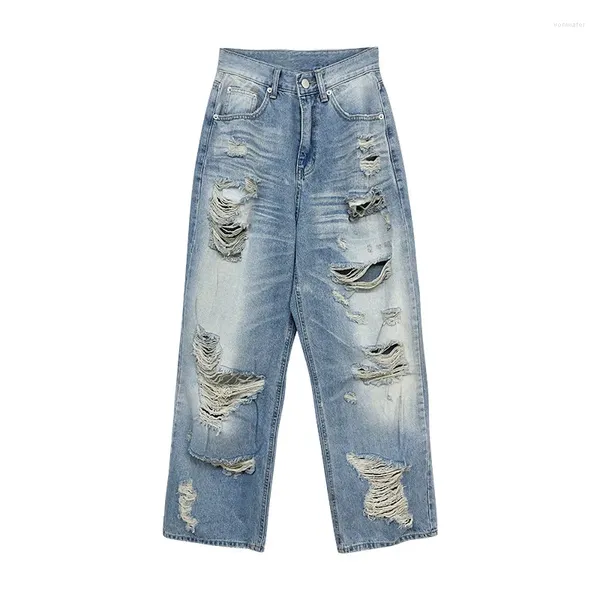 Vaqueros de mujer Stylewomen's Jeansamerican Vintage High Street Beggar's desgastados lavados 2024 verano INS sueltos pierna ancha Casual