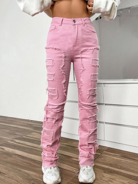 Jeans pour femmes élégant femme rose empilé déchiré denim coton stretch pantalons longs y2k femmes vêtements 231127