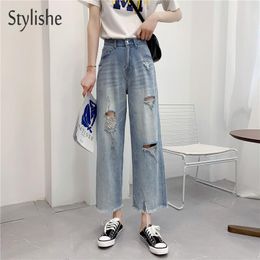 Dames Jeans Stylishe Vrouwen Hoge Taille Y2K Baggy Ripped Wide Leg Streetwear Losse Casual Zomer Gat Rechte Denim Broek Vrouw