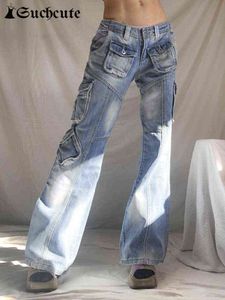 Jeans Femmes SUCHCUTE Harajuku Pocket Up Femmes Cargo Jeans Mode Coréenne Taille Basse Streetwear Denim Pantalon Harajuku Vintage Y2K Baggy Pantalon T220825