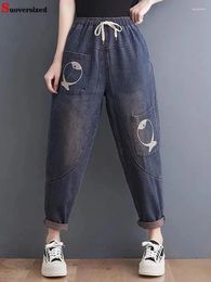 Jeans pour femmes entièrement longueur de cheville Harem broderie pantalon denim baggy sablé
