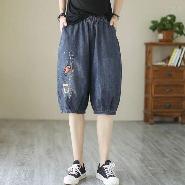 Jeans pour femmes Summer Baggy Capris Vintage Broiderie Shorts denim Pantalons élastiques à grande taille élastique