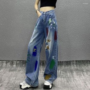 Pantalones vaqueros de mujer verano fresco pintado agujero casual mujer alta cintura suelta mirada delgada recta salvaje pierna ancha pantalones de fregado Y2K