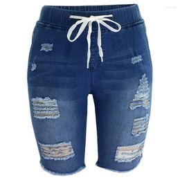 Jeans pour femmes shorts de jean en détresse estivaux femmes de la longueur du genou lacet en haut de la taille élastique bleu déchiré