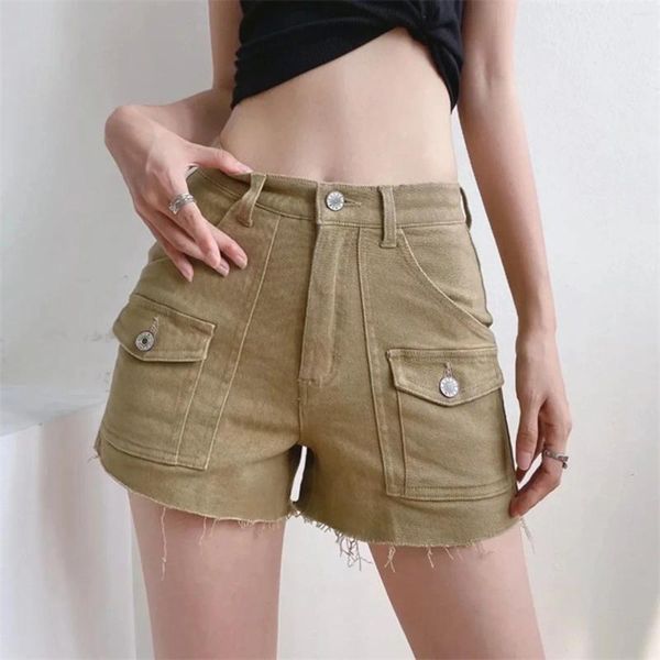 Jeans d'été pour femmes, poches à bords, shorts en Denim décontractés, pantalons à jambes droites, taille haute, ample, trois points, 2024