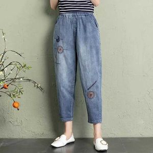 Dames jeans zomer elastische taille jeans vrouwen vintage borduurwerk denim broek dames casual retro floral cowboy mode bijgesneden harembroek 240423