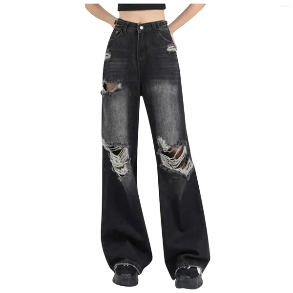 Jeans féminins Summer High Street Black Hole droit brisant le peplum qui traîne un pantalon de jambe large